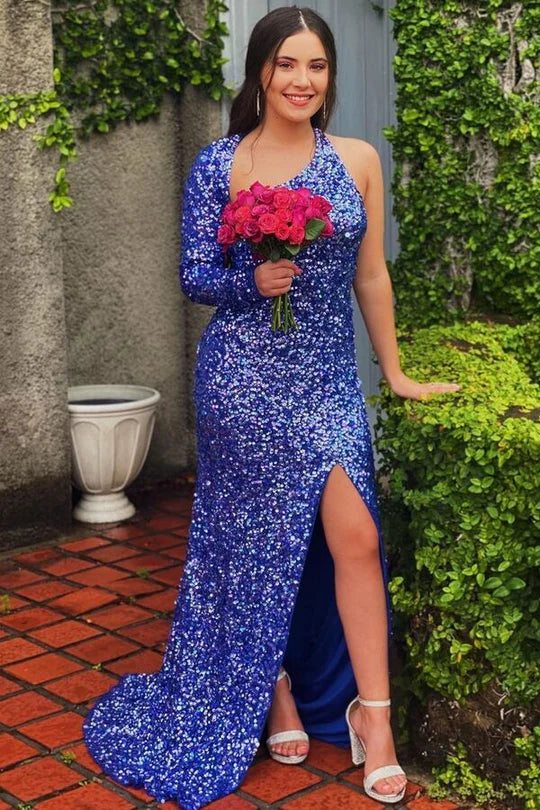 Vestido de fiesta largo con lentejuelas y mangas largas, único y con cola